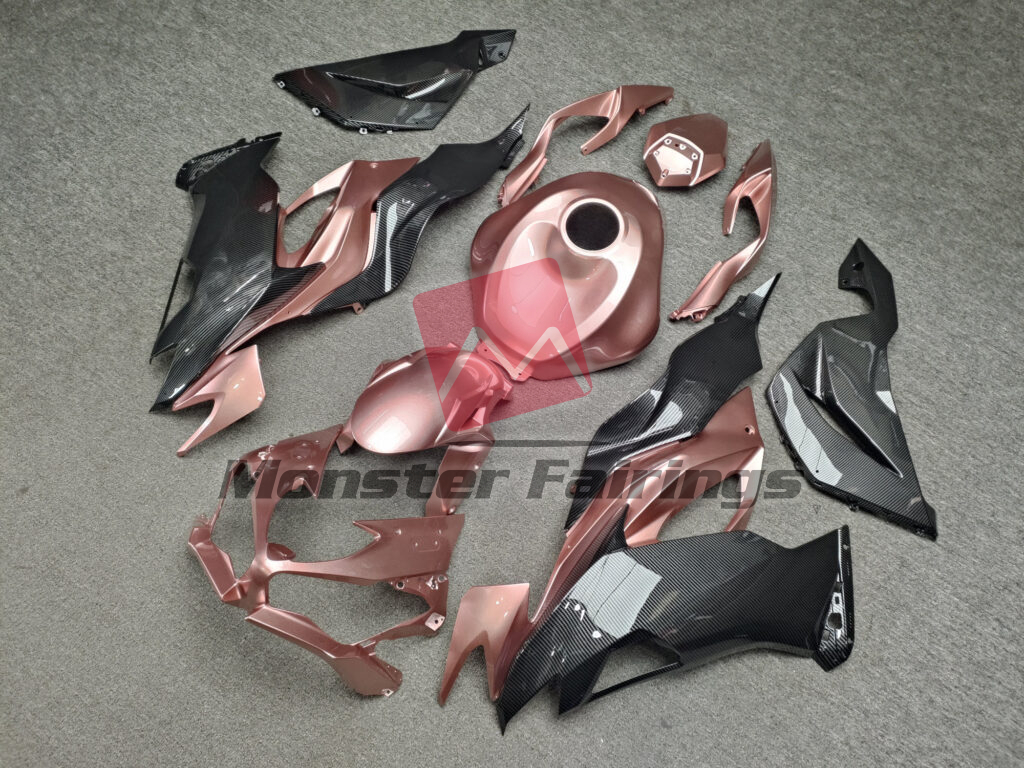 Kawasaki ZX6R custom ABS fairings 2019 - 2023 in Gloss Rose Gold & Carbon Fiber - durable replacement kit, Monster Fairings
