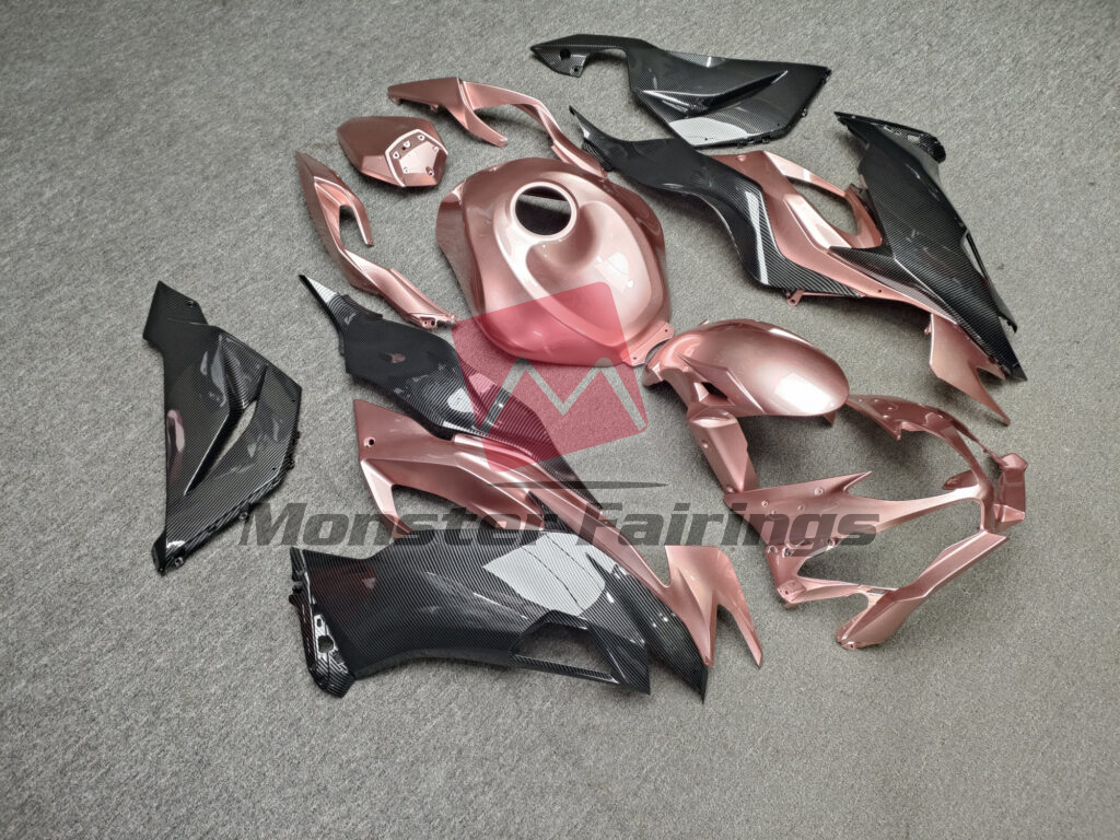 2019 - 2023 Kawasaki ZX6R Gloss Rose Gold & Carbon Fiber fairing set - ABS injection, custom painted by Monster Fairings