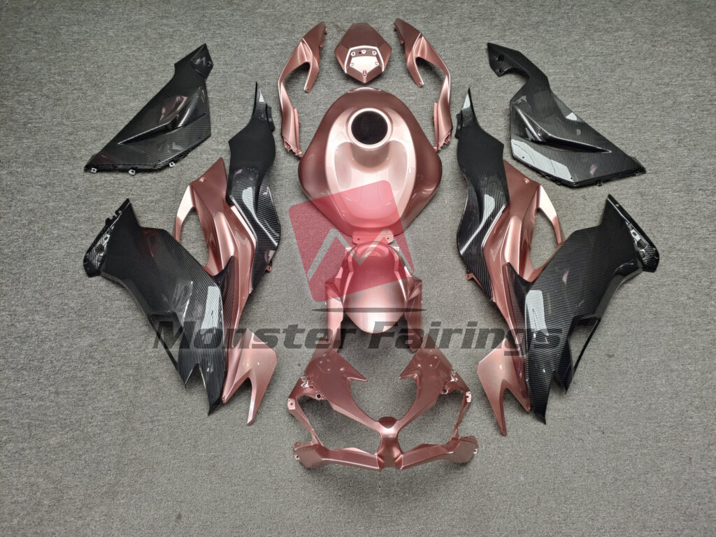 Kawasaki ZX6R 2019 - 2023 Gloss Rose Gold & Carbon Fiber ABS fairings - custom motorcycle bodywork kit by Monster Fairings