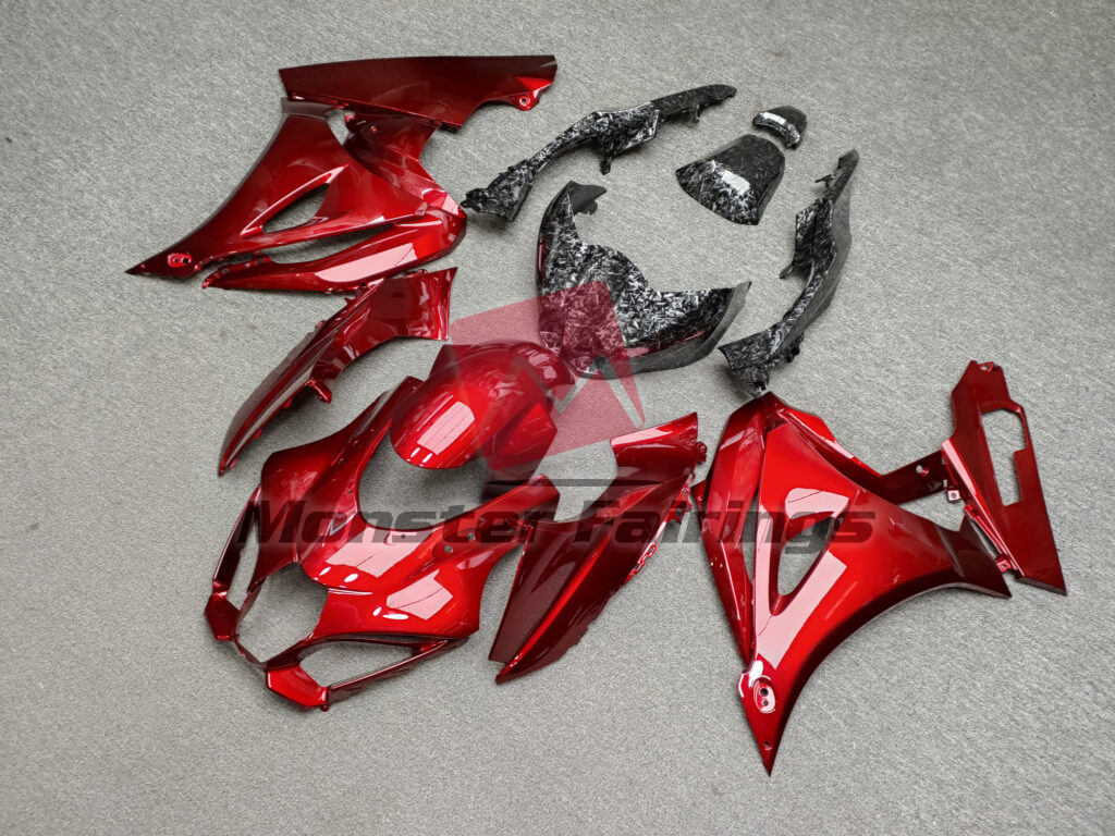 Suzuki GSXR 1000 custom ABS fairings 2017 - 2025 in Gloss Candy Red & Forged Carbon Fiber - durable replacement kit, Monster Fairings