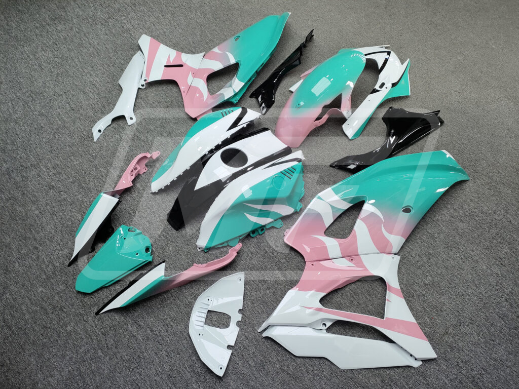 Yamaha R7 custom ABS fairings 2021 - 2025 in Gloss Aqua Baby Pink & White Flames - durable replacement kit, Monster Fairings
