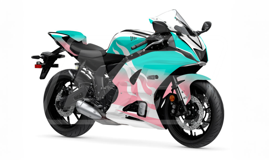 Gloss Aqua Baby Pink & White Flames ABS fairings for Yamaha R7 2021 - 2025 - premium OEM fit kit by Monster Fairings