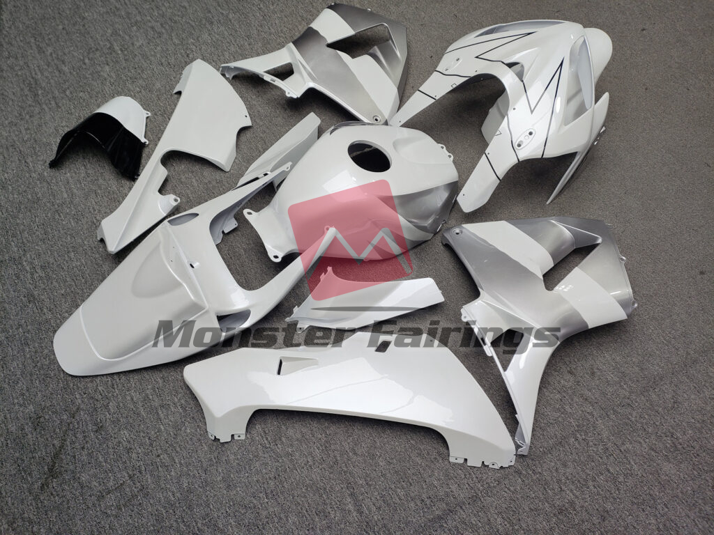 2005 - 2006 Honda CBR600RR Gloss White & Silver Black fairing set - ABS injection, custom painted by Monster Fairings