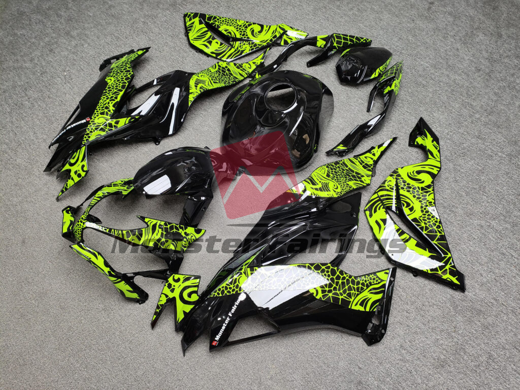 2019 - 2023 Kawasaki ZX6R Gloss Black & High Vis Yellow Tribal fairing set - ABS injection, custom painted by Monster Fairings