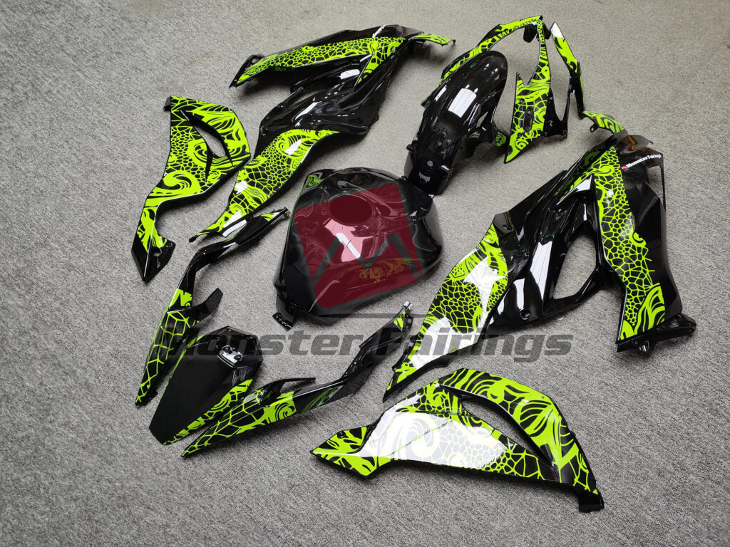 Kawasaki ZX6R custom ABS fairings 2019 - 2023 in Gloss Black & High Vis Yellow Tribal - durable replacement kit, Monster Fairings