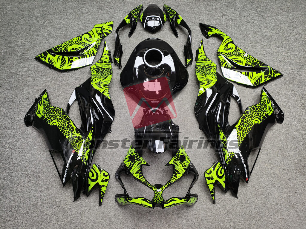 Kawasaki ZX6R 2019 - 2023 Gloss Black & High Vis Yellow Tribal ABS fairings - custom motorcycle bodywork kit by Monster Fairings