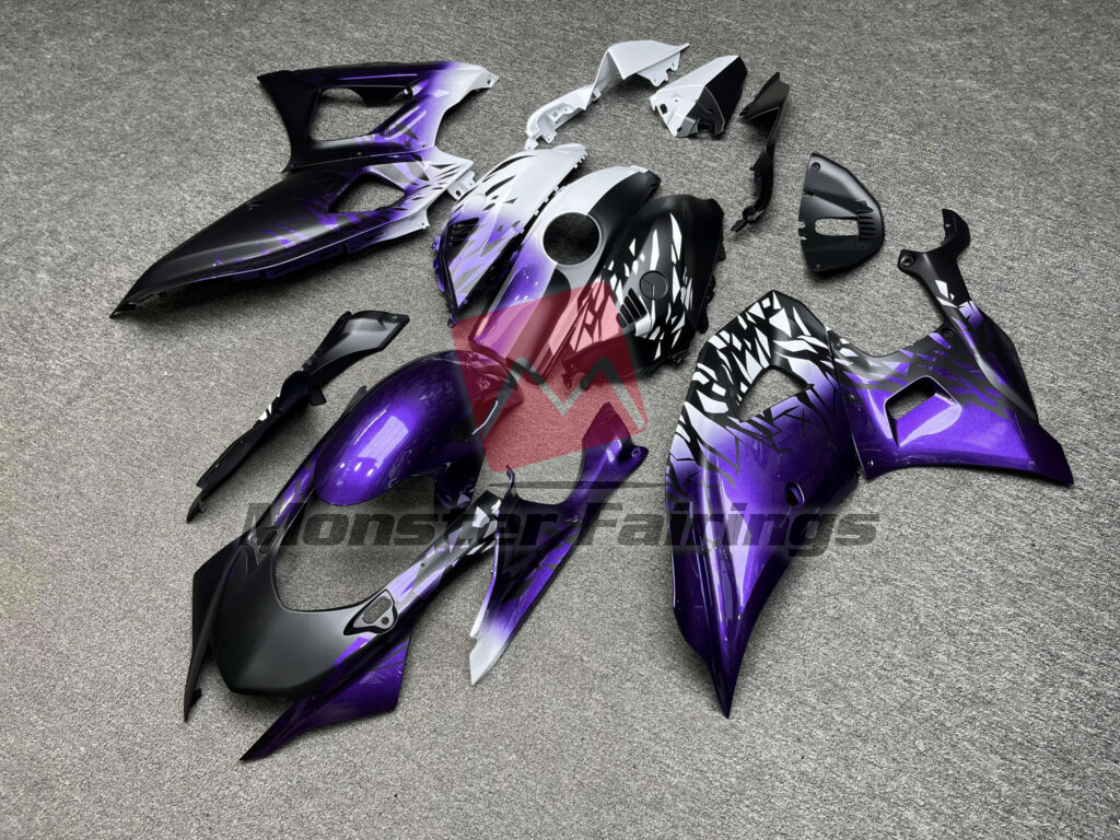 Monster Fairings ABS fairing kit for Yamaha R7 2021 - 2025 - Matte Black & Gloss Purple White Shattered Split, precise OEM fit