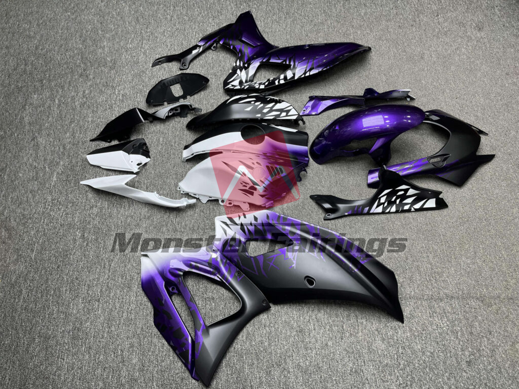 Yamaha R7 2021 - 2025 ABS fairings, Matte Black & Gloss Purple White Shattered Split - high - quality motorcycle kit by Monster Fairings