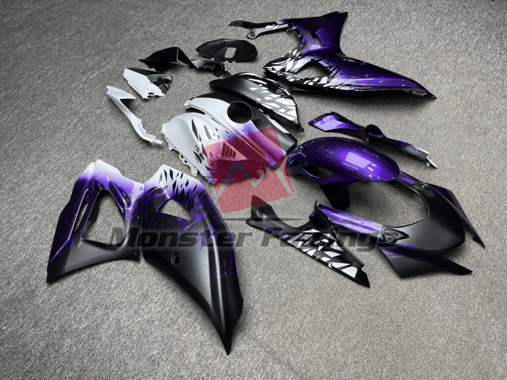2021 - 2025 Yamaha R7 Matte Black & Gloss Purple White Shattered Split fairing set - ABS injection, custom painted by Monster Fairings