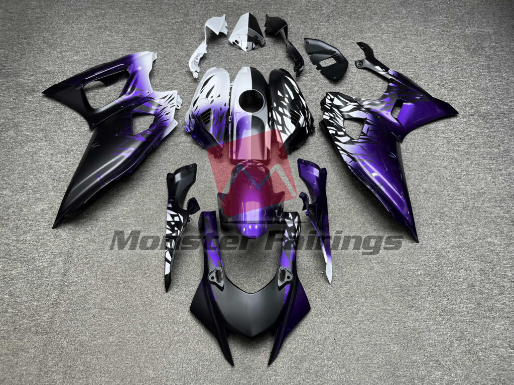 Yamaha R7 2021 - 2025 Matte Black & Gloss Purple White Shattered Split ABS fairings - custom motorcycle bodywork kit by Monster Fairings