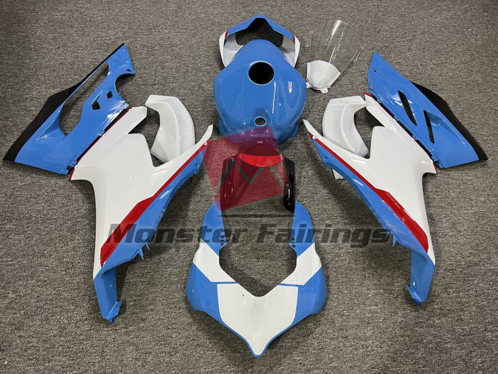 Ducati Panigale V2 2020 - 2024 Gloss White Baby Blue & Red ABS fairings - custom motorcycle bodywork kit by Monster Fairings