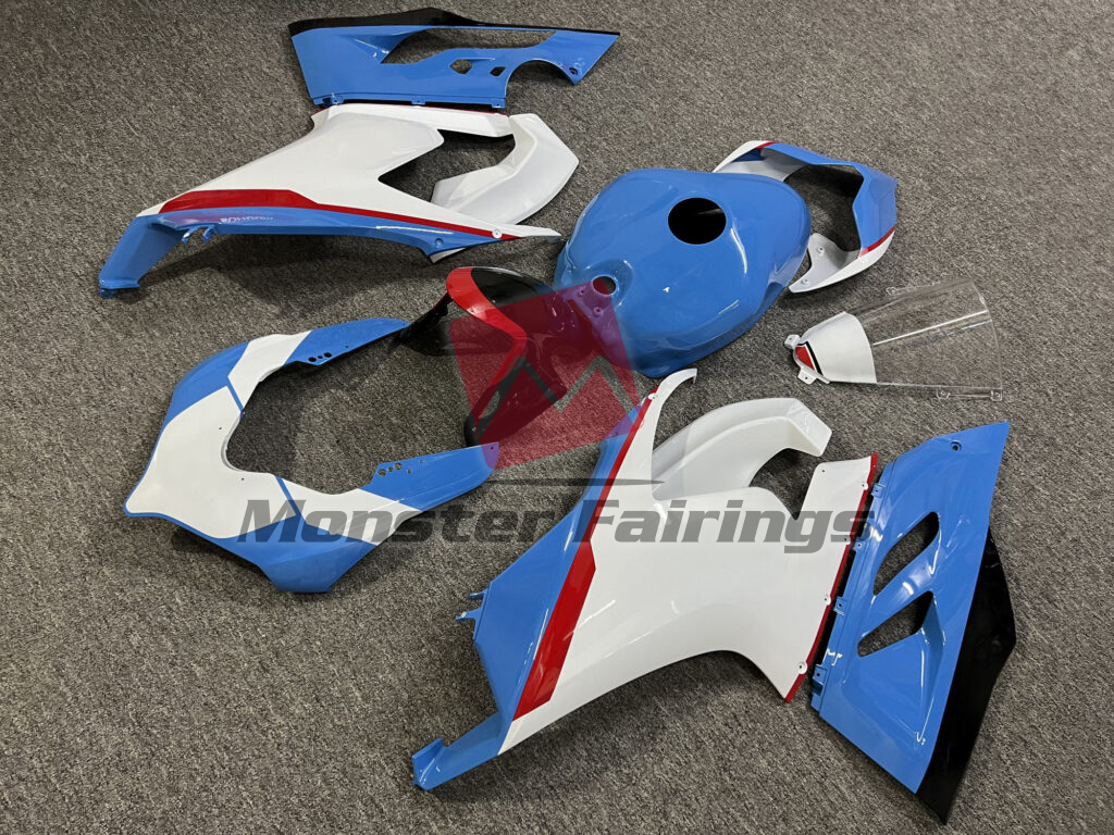 Ducati Panigale V2 custom ABS fairings 2020 - 2024 in Gloss White Baby Blue & Red - durable replacement kit, Monster Fairings