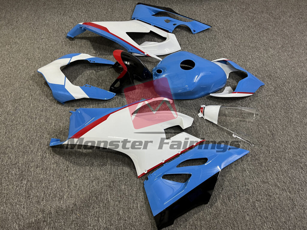 2020 - 2024 Ducati Panigale V2 Gloss White Baby Blue & Red fairing set - ABS injection, custom painted by Monster Fairings