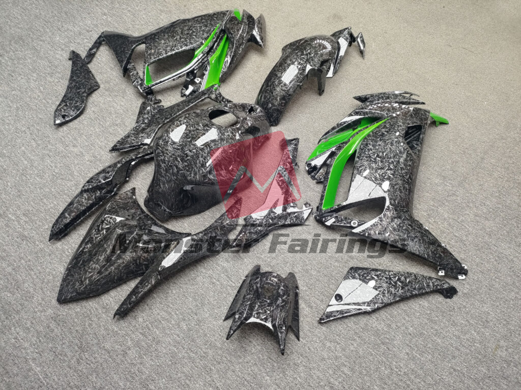 2020 - 2025 Kawasaki Ninja 650R Gloss Forged Carbon Fiber Green fairing set - ABS injection, custom painted by Monster Fairings