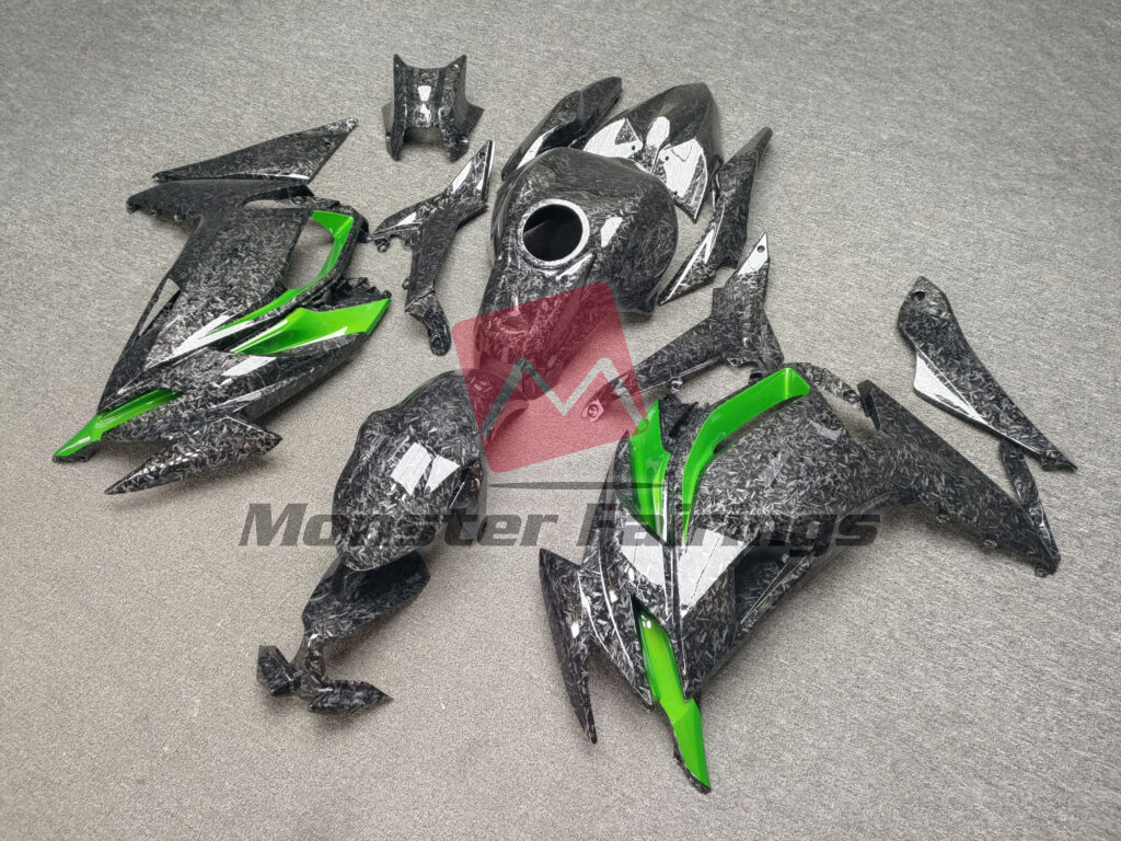 Kawasaki Ninja 650R custom ABS fairings 2020 - 2025 in Gloss Forged Carbon Fiber Green - durable replacement kit, Monster Fairings