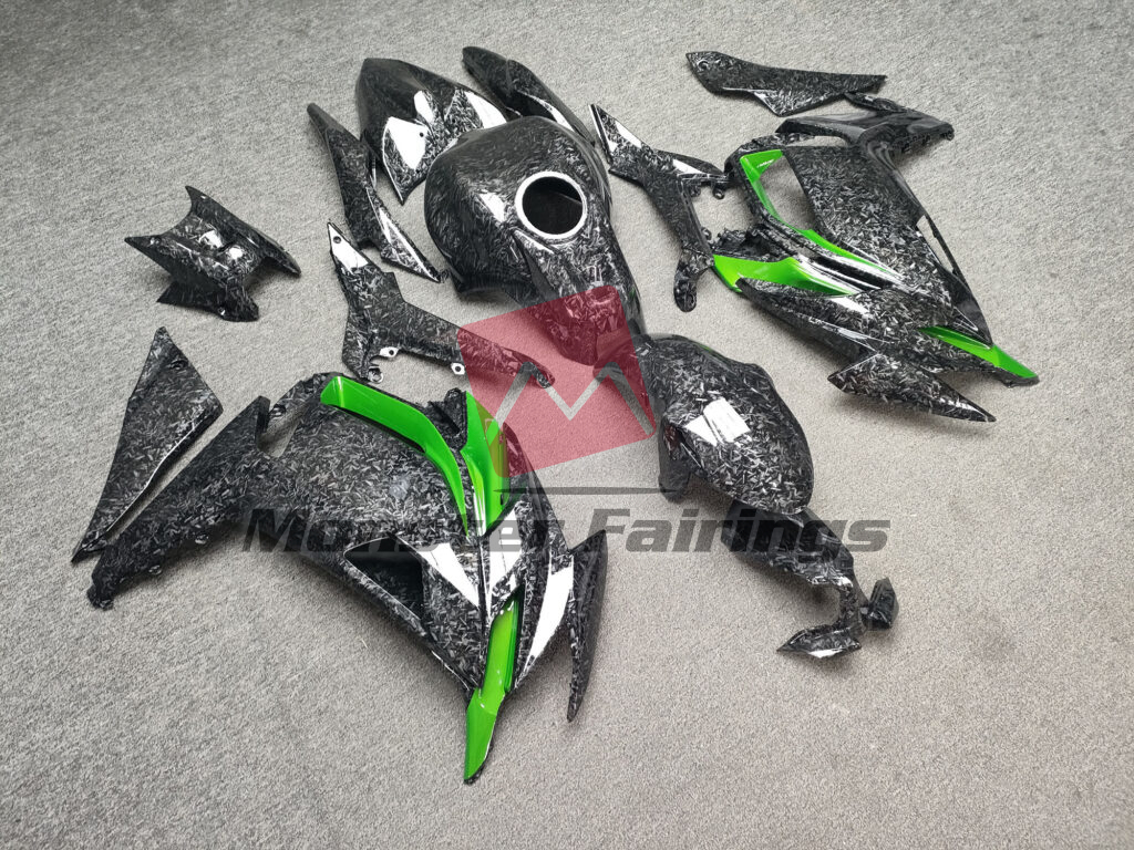 Gloss Forged Carbon Fiber Green ABS fairings for Kawasaki Ninja 650R 2020 - 2025 - premium OEM fit kit by Monster Fairings