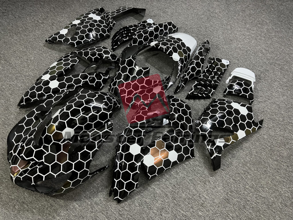 2006 - 2011 Kawasaki ZX14R Gloss Black & White Bronze Honeycomb fairing set - ABS injection, custom painted by Monster Fairings