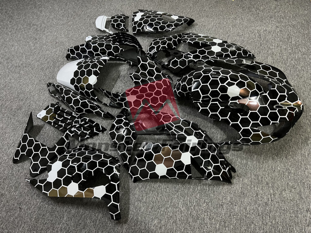 Kawasaki ZX14R custom ABS fairings 2006 - 2011 in Gloss Black & White Bronze Honeycomb - durable replacement kit, Monster Fairings