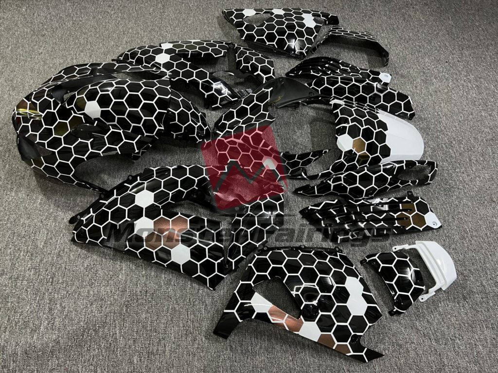 Monster Fairings ABS fairing kit for Kawasaki ZX14R 2006 - 2011 - Gloss Black & White Bronze Honeycomb, precise OEM fit