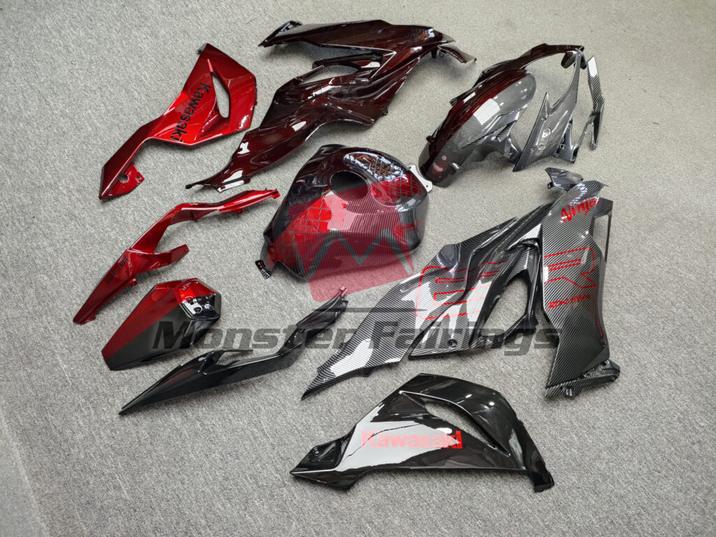 Gloss Custom Black & Red Carbon Fiber ABS fairings for Kawasaki ZX6R 2019 - 2023 - premium OEM fit kit by Monster Fairings