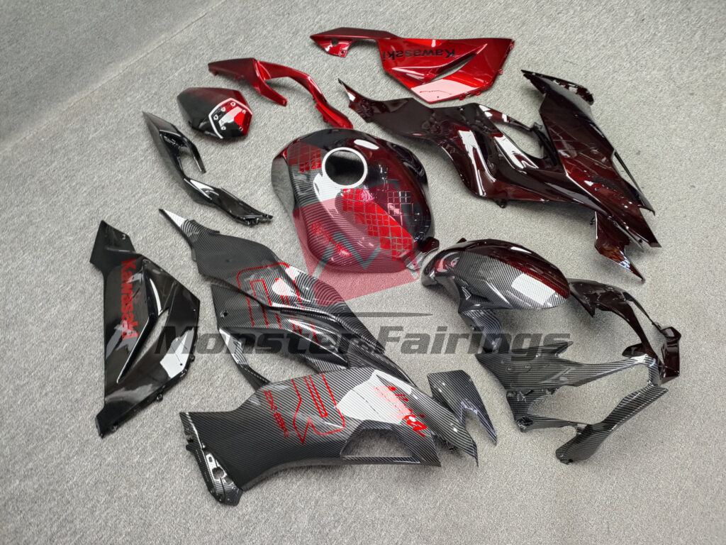 Kawasaki ZX6R custom ABS fairings 2019 - 2023 in Gloss Custom Black & Red Carbon Fiber - durable replacement kit, Monster Fairings