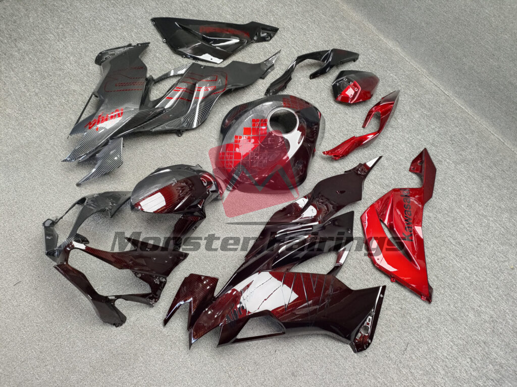 2019 - 2023 Kawasaki ZX6R Gloss Custom Black & Red Carbon Fiber fairing set - ABS injection, custom painted by Monster Fairings