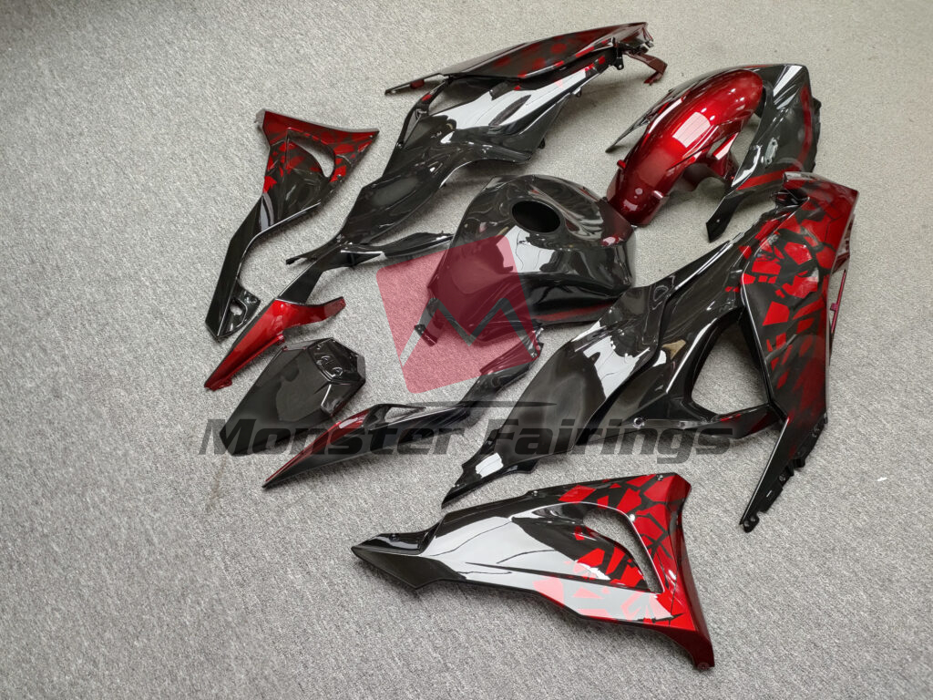 2024 - 2025 Kawasaki ZX6R Gloss Black & Red Shattered fairing set - ABS injection, custom painted by Monster Fairings