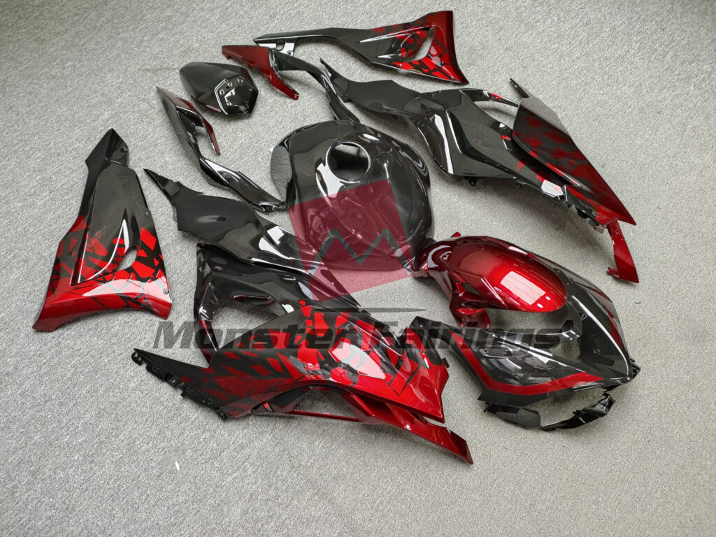 Kawasaki ZX6R custom ABS fairings 2024 - 2025 in Gloss Black & Red Shattered - durable replacement kit, Monster Fairings
