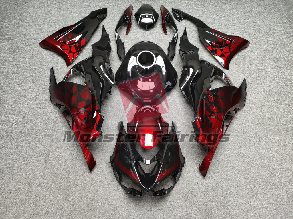 Kawasaki ZX6R 2024 - 2025 Gloss Black & Red Shattered ABS fairings - custom motorcycle bodywork kit by Monster Fairings