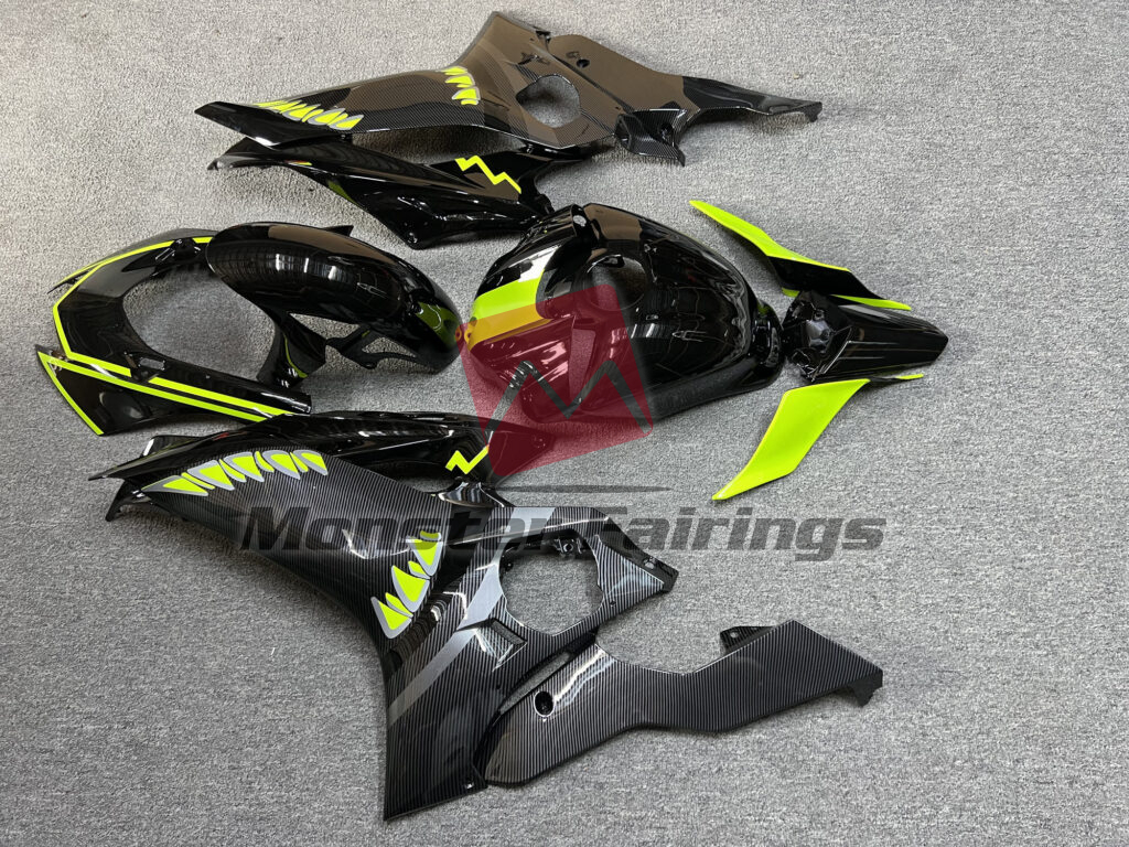 2017 - 2022 Yamaha R6 Gloss Carbon Fiber Black High Vis Yellow Shark fairing set - ABS injection, custom painted by Monster Fairings