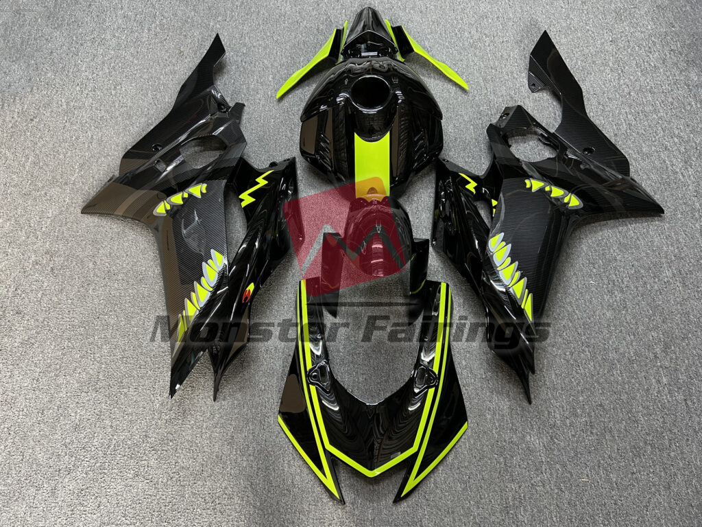 Yamaha R6 2017 - 2022 Gloss Carbon Fiber Black High Vis Yellow Shark ABS fairings - custom motorcycle bodywork kit by Monster Fairings