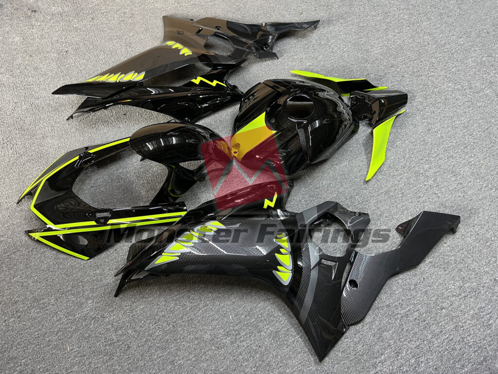 Yamaha R6 custom ABS fairings 2017 - 2022 in Gloss Carbon Fiber Black High Vis Yellow Shark - durable replacement kit, Monster Fairings