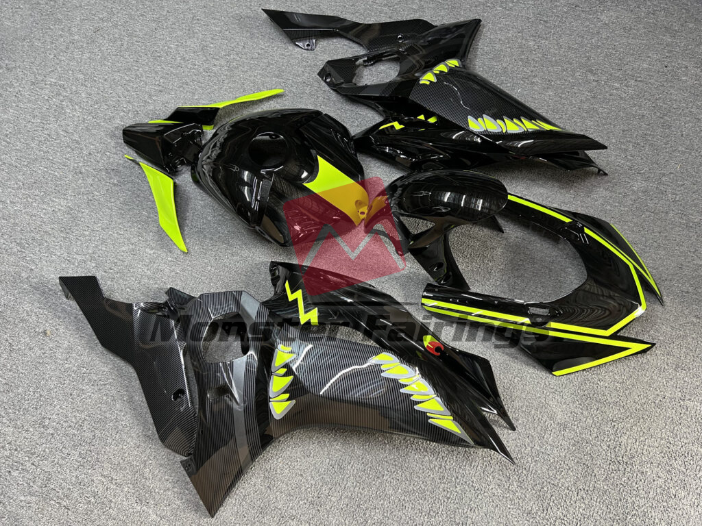 Gloss Carbon Fiber Black High Vis Yellow Shark ABS fairings for Yamaha R6 2017 - 2022 - premium OEM fit kit by Monster Fairings