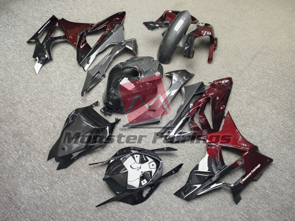 Monster Fairings ABS fairing kit for BMW S1000RR 2009 - 2014 - Gloss Maroon Red & Metallic Black Carbon Fiber, precise OEM fit