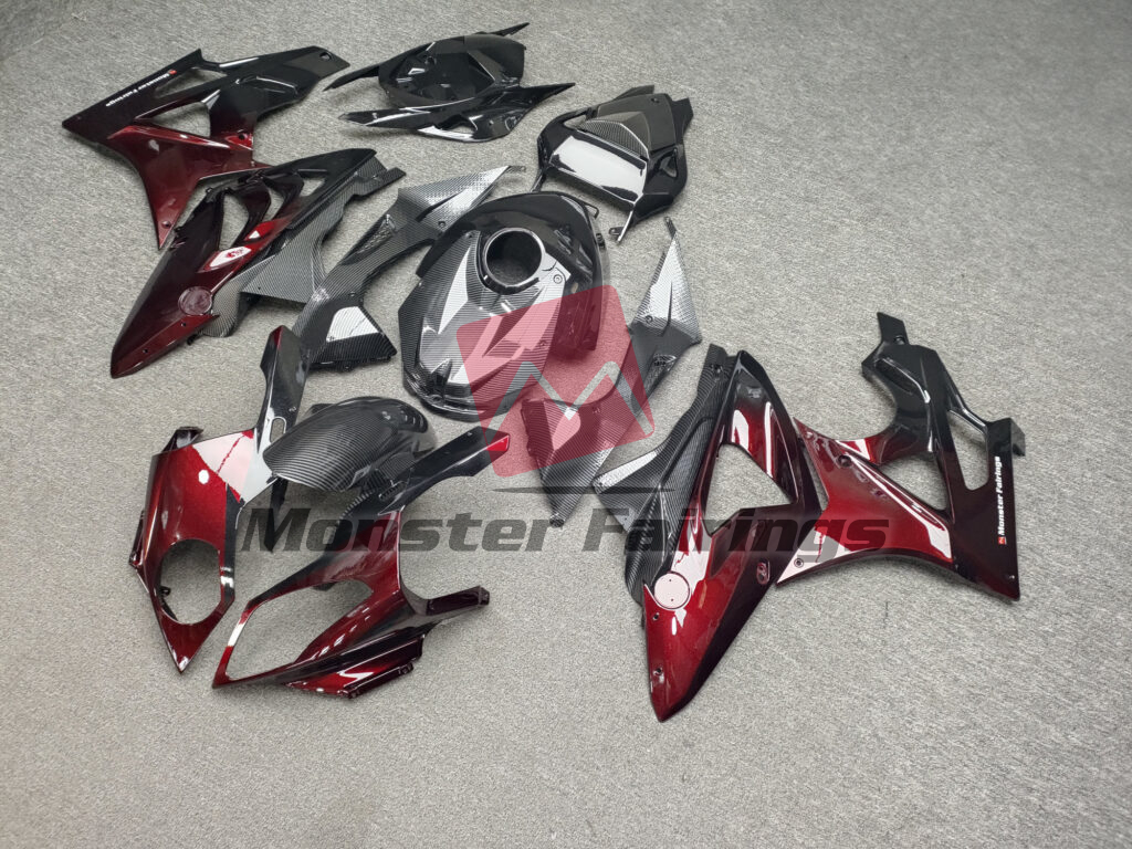 BMW S1000RR custom ABS fairings 2009 - 2014 in Gloss Maroon Red & Metallic Black Carbon Fiber - durable replacement kit, Monster Fairings