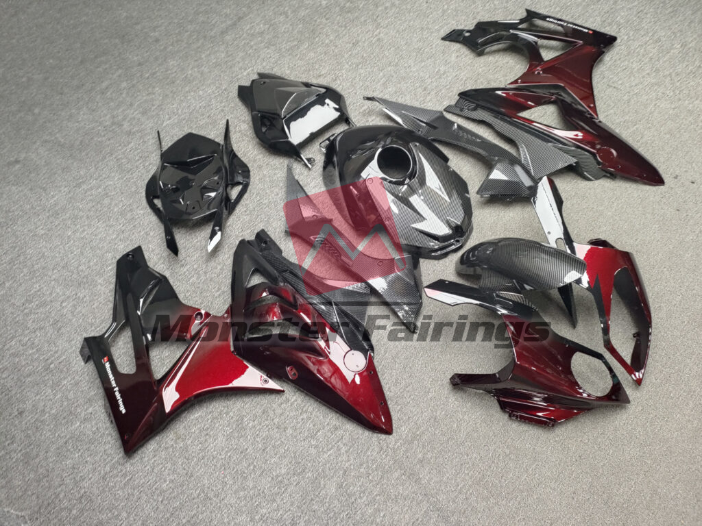 2009 - 2014 BMW S1000RR Gloss Maroon Red & Metallic Black Carbon Fiber fairing set - ABS injection, custom painted by Monster Fairings
