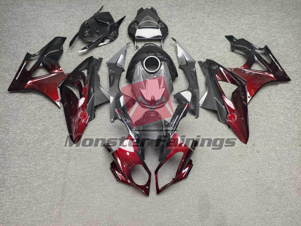 BMW S1000RR 2009 - 2014 Gloss Maroon Red & Metallic Black Carbon Fiber ABS fairings - custom motorcycle bodywork kit by Monster Fairings