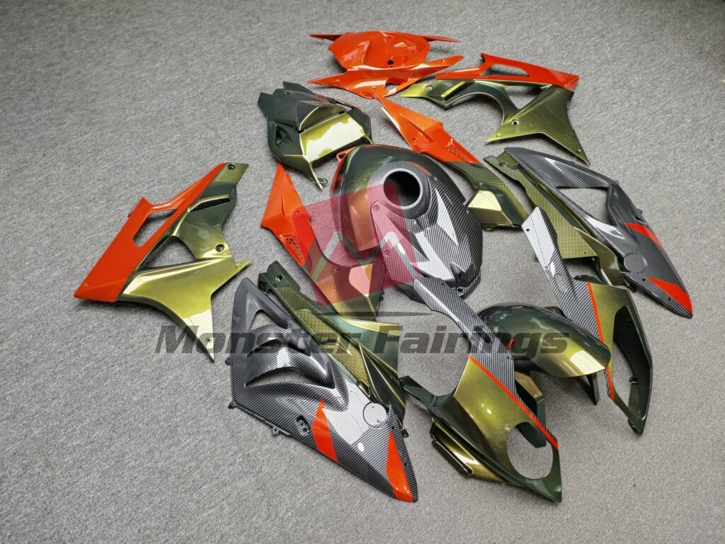 BMW S1000RR custom ABS fairings 2009 - 2014 in Gloss Orange & Olive Green Carbon Fiber - durable replacement kit, Monster Fairings