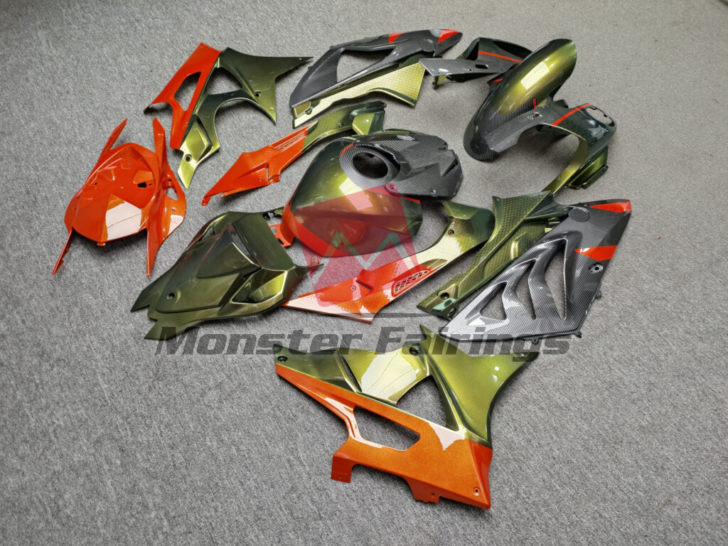2009 - 2014 BMW S1000RR Gloss Orange & Olive Green Carbon Fiber fairing set - ABS injection, custom painted by Monster Fairings