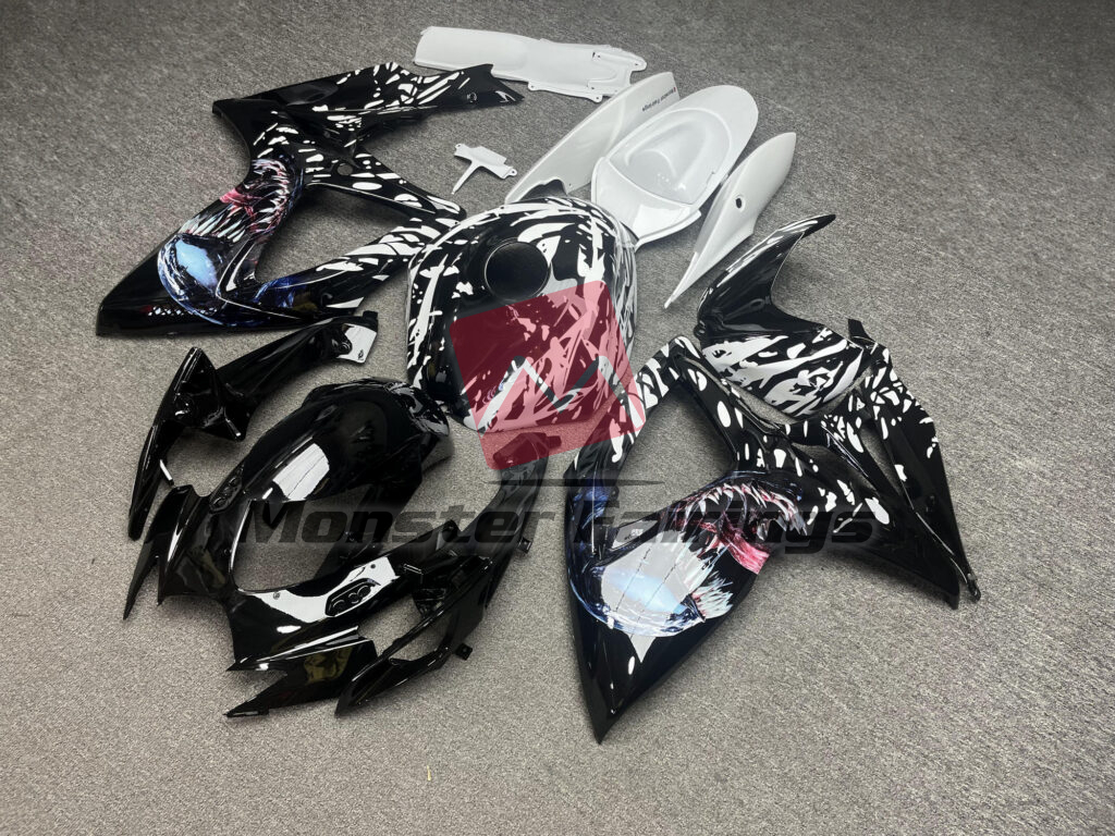 2006 - 2007 Suzuki GSXR 600 - 750 Gloss Black & White Venom fairing set - ABS injection, custom painted by Monster Fairings