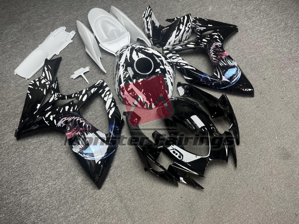 Suzuki GSXR 600 - 750 custom ABS fairings 2006 - 2007 in Gloss Black & White Venom - durable replacement kit, Monster Fairings