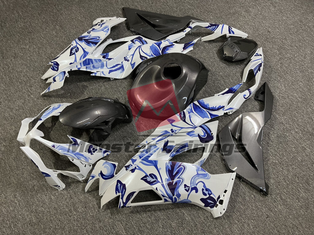 2019 - 2023 Kawasaki ZX6R Gloss Pearl White Blue Flowers & Carbon Fiber fairing set - ABS injection, custom painted by Monster Fairings