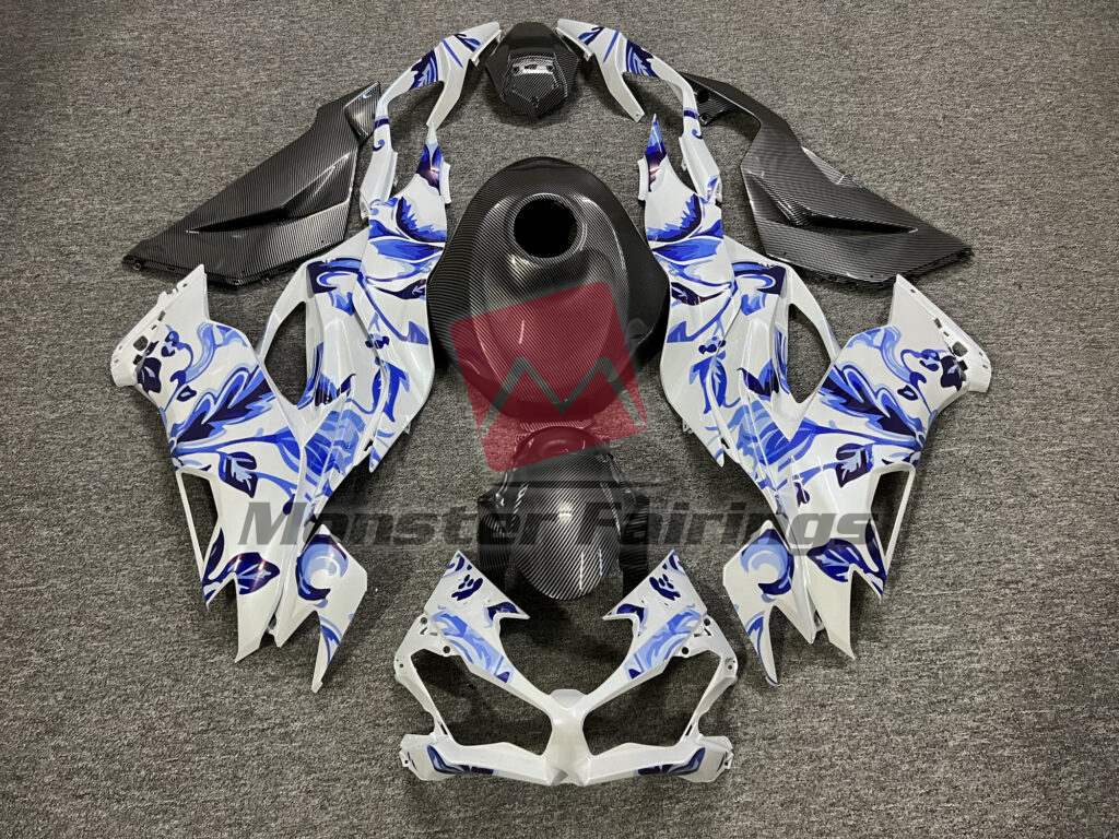 Kawasaki ZX6R 2019 - 2023 Gloss Pearl White Blue Flowers & Carbon Fiber ABS fairings - custom motorcycle bodywork kit by Monster Fairings