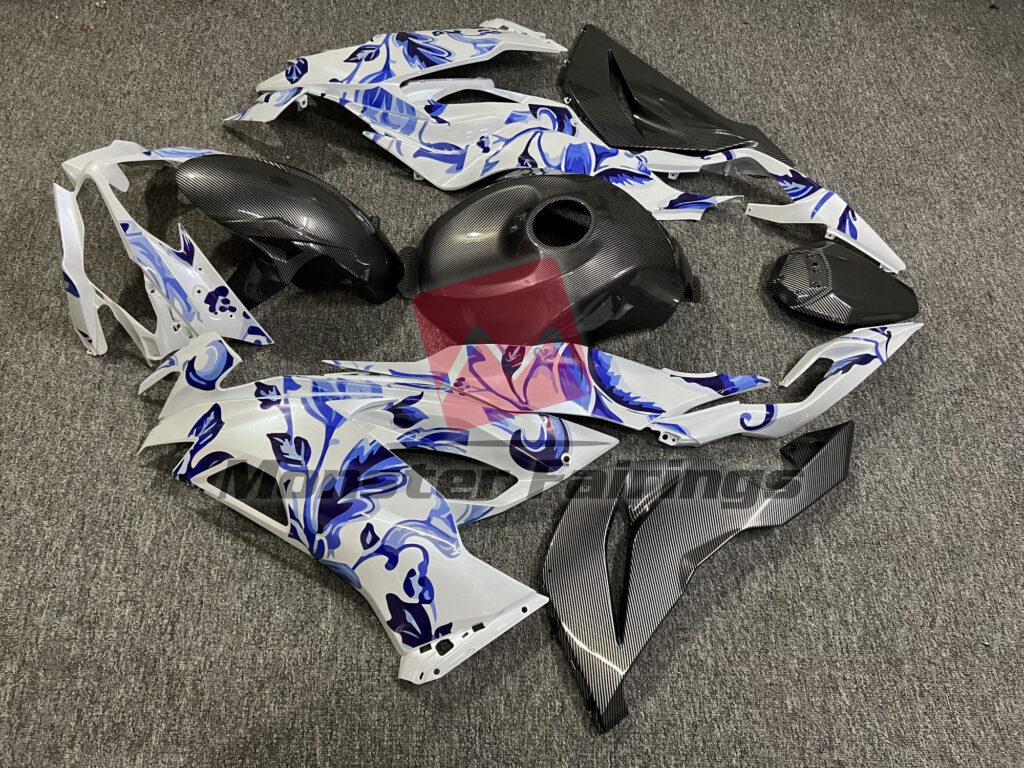 Monster Fairings ABS fairing kit for Kawasaki ZX6R 2019 - 2023 - Gloss Pearl White Blue Flowers & Carbon Fiber, precise OEM fit