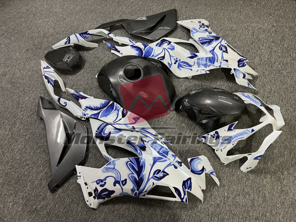 Kawasaki ZX6R custom ABS fairings 2019 - 2023 in Gloss Pearl White Blue Flowers & Carbon Fiber - durable replacement kit, Monster Fairings