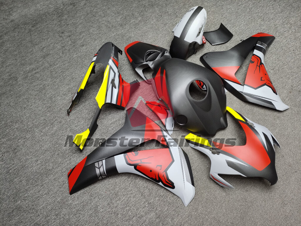 Honda CBR1000RR custom ABS fairings 2008 - 2011 in Matte Carbon Fiber Red & Gray Bull - durable replacement kit, Monster Fairings