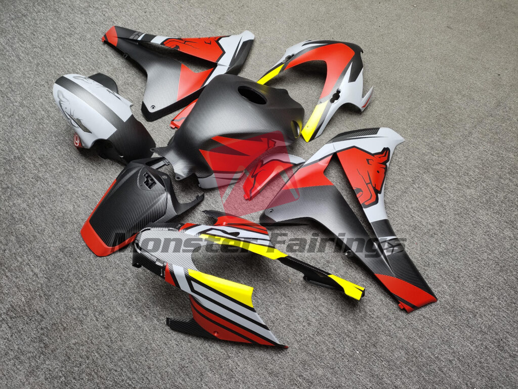 2008 - 2011 Honda CBR1000RR Matte Carbon Fiber Red & Gray Bull fairing set - ABS injection, custom painted by Monster Fairings