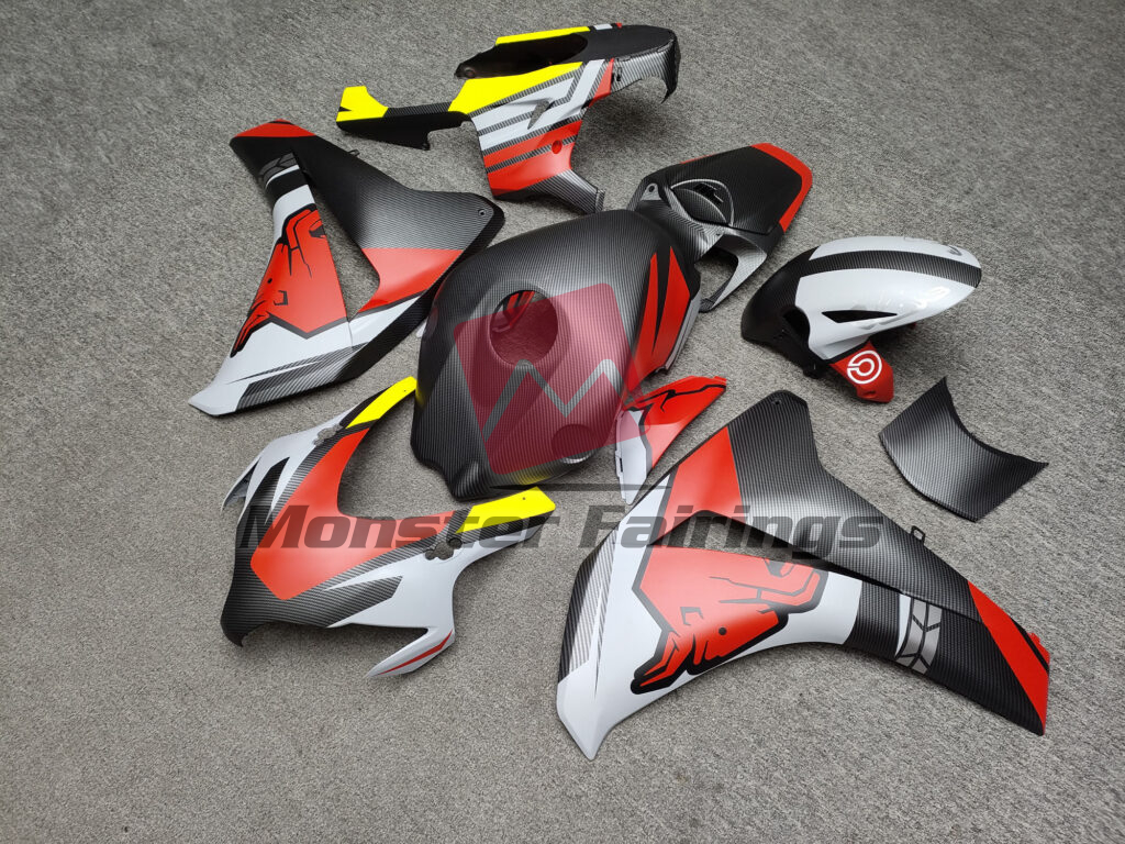 Matte Carbon Fiber Red & Gray Bull ABS fairings for Honda CBR1000RR 2008 - 2011 - premium OEM fit kit by Monster Fairings
