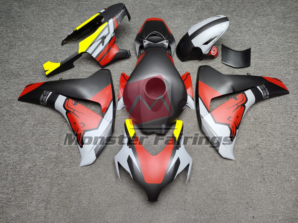 Honda CBR1000RR 2008 - 2011 Matte Carbon Fiber Red & Gray Bull ABS fairings - custom motorcycle bodywork kit by Monster Fairings