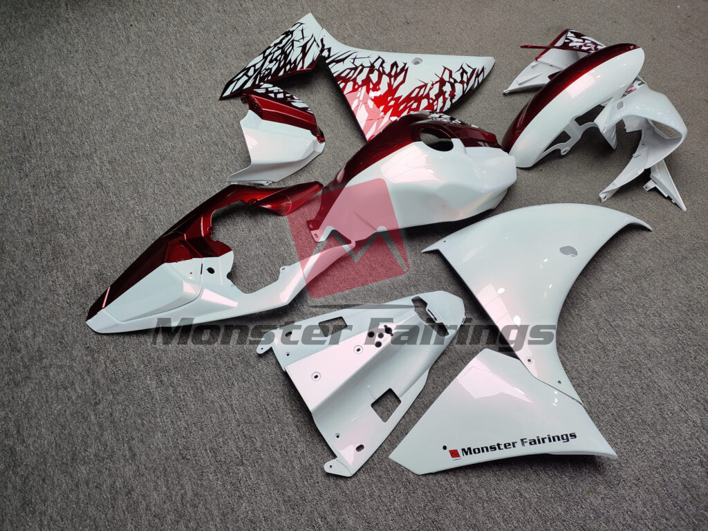 2009 - 2011 Yamaha R1 Gloss Pearl White & Candy Red Shattered Split fairing set - ABS injection, custom painted by Monster Fairings